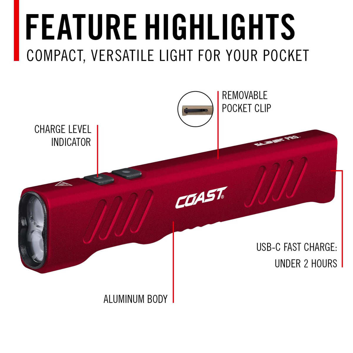 Coast Slayer 1150 Lumen USB-C Rechargeable LED Flashlight with Spot/Flood, Memory Mode and Pocket Clip, RED