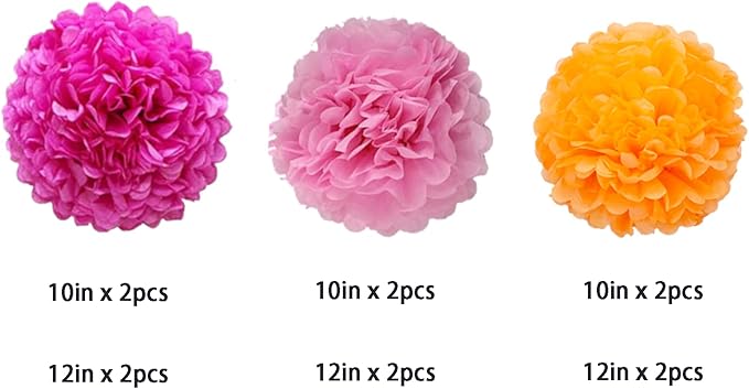 Rose Red,Light Pink and Orange Paper Pom Poms Decorations for Pink Orange Party Ceiling Wall Hanging Tissue Flowers Decorations，12pcs 3 Colors of 12 Inch, 10 Inch