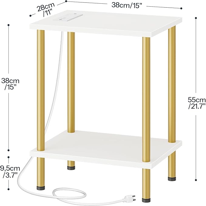 HOOBRO Side Table with Charging Station, End Table with USB Port and Outlet, Nightstand with 2-Layer Storage Shelves for Small Spaces, Living Room, Bedroom, Stable Frame, White and Gold DW09UBZ01