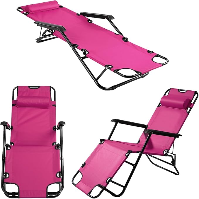 Outdoor Folding Chaise Lounge Chair, Patio Sun Lounger Reclining Beach Chair Sun Patio Pool Lawn Recliner Chair (Pink)