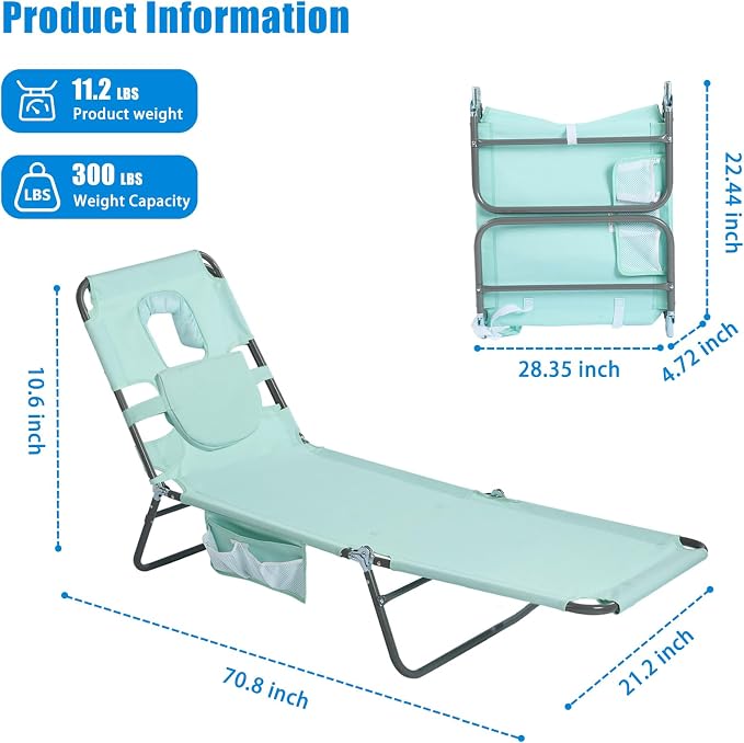 SUNNYFEEL Beach Lounge Chair, Reclining Beach Chairs Lay Flat, Sun Face Down Tanning Chair, Folding Camping Chairs Portable Camp Cot with Backpack Straps for Outdoor/Picnic/Lawn
