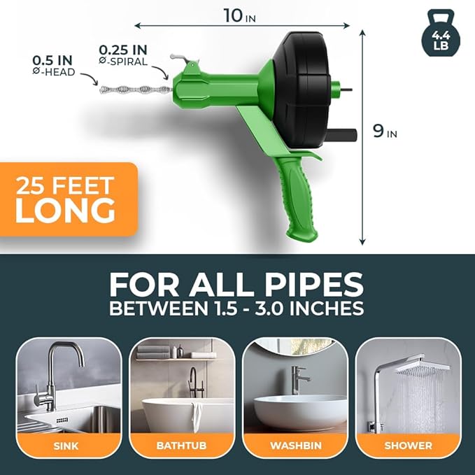 drain snake - Auto Feed - Ideal plumbing snake for sink and drain unblocking - Solid drain auger for real DYIs! (25FT - NEW)