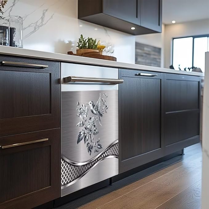Magnetic Dishwasher Stickers Cover for Front Door,Brushed Silver Stainless Steel Design Bird and Flower Pattern Refrigerator Magnetic Cover Kitchen Decor,Home Appliance Vinyl Sticker 23W x 26H inchs