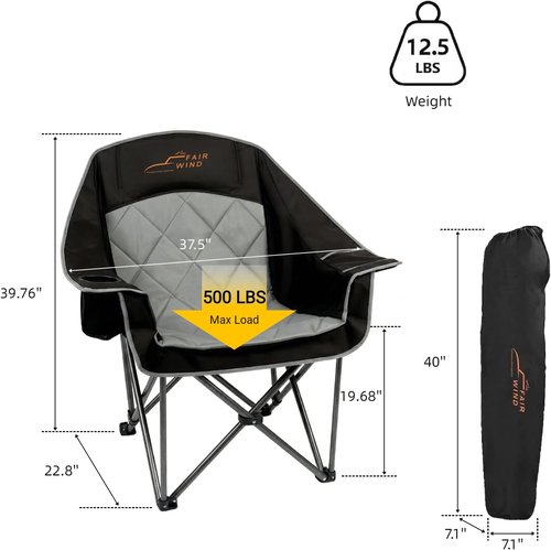 Fair Wind Oversized Padded Camping Chair - Heavy Duty Quad Fold Arm Chair, Supports 500LBS, Black | 2 Pack