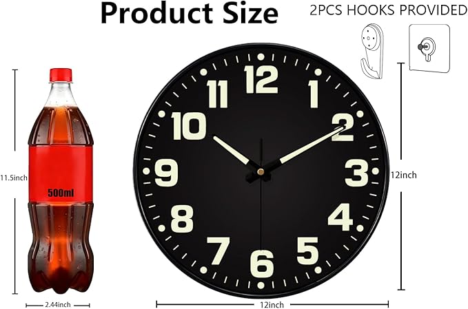 12 Inch Silent Wall Clocks Battery Operated, Glow in The Dark Wall Clock