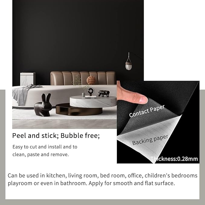 FUKU MON 24"x786" Black Wallpaper Peel and Stick Black Contact Paper Matte