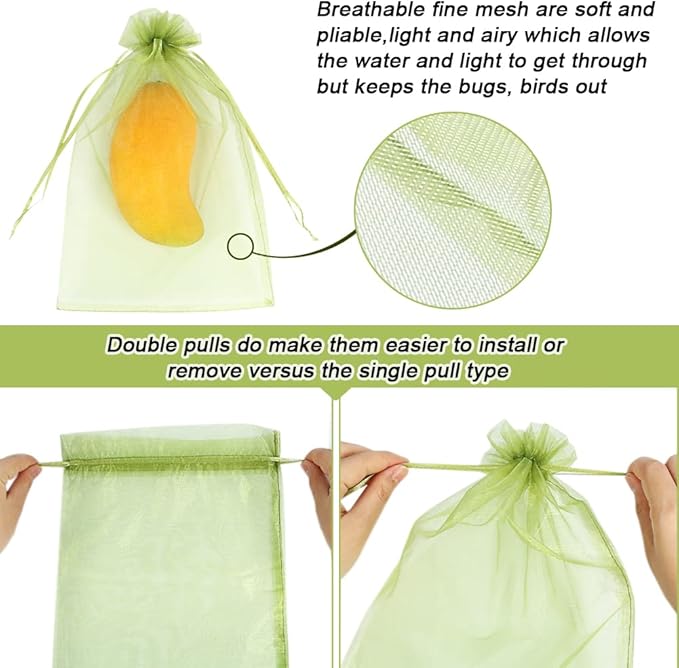 100pcs Fruit Protection Bags 8x12 inch, Green Netting Cover Bags Drawstring Mesh Fruit Protectors Pest Barrier for Grapes Mango Trees Veggies Garden