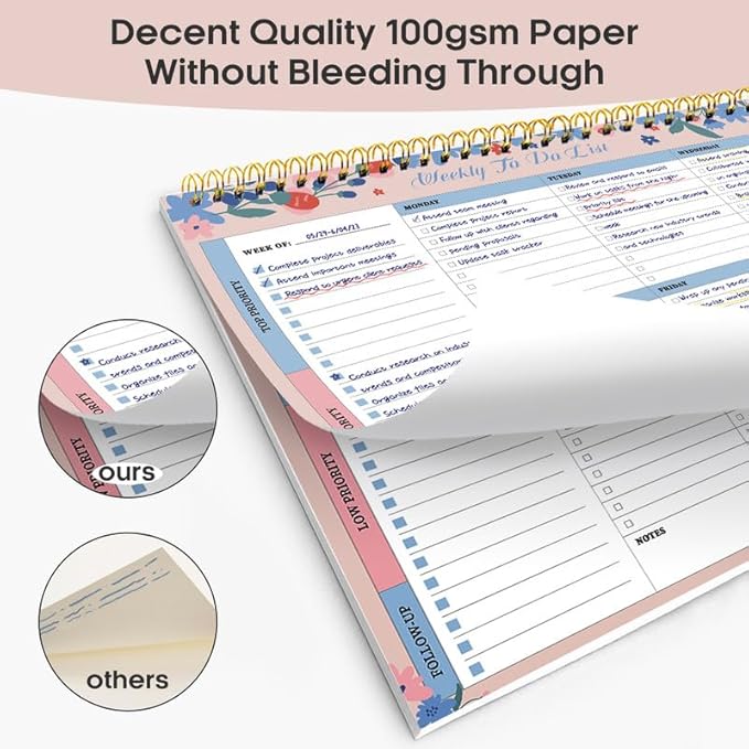 Taja Weekly To Do List Notepad with 52 Undated Sheets（8.5"×11"）- Weekly Desk Planner for Women & Man, Work and Home - 1 Pack Spring Blossom