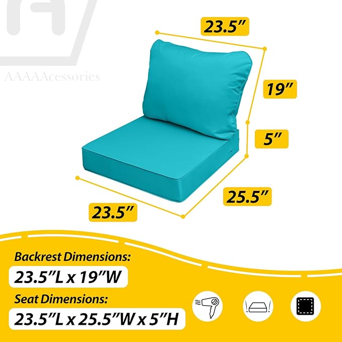 AAAAAcessories Outdoor Seat Cushions for Chairs, Fade-Resistant, Waterproof Patio Furniture Replacement Cushions, 23.5" x 25.5" x 5" + 23.5" x 19", Turquoise Blue