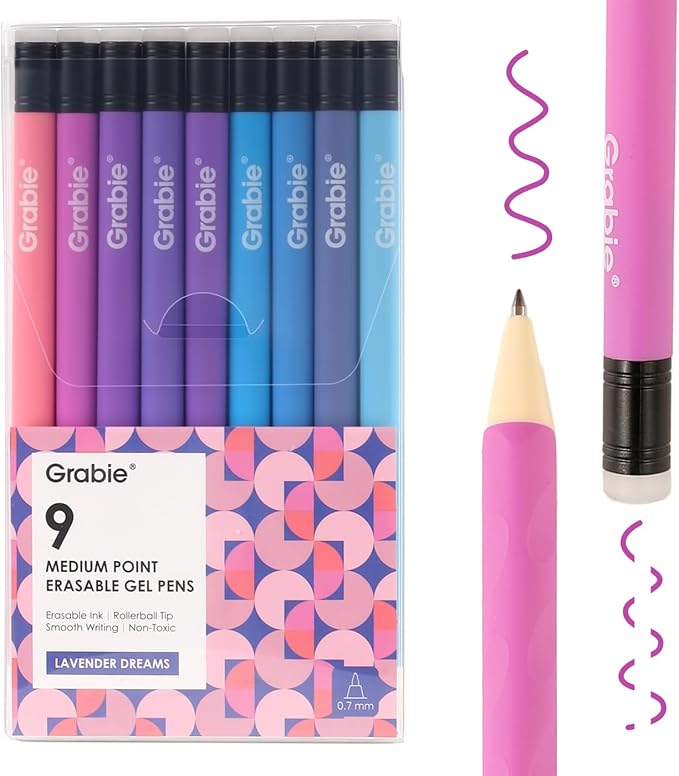 Grabie Erasable Gel Pens, Medium Point 0.7 mm Erasable Pens, Make Mistakes Disappear for Drawing Writing Planner, Pack of 9 Assorted Colors(Lavender Dreams)