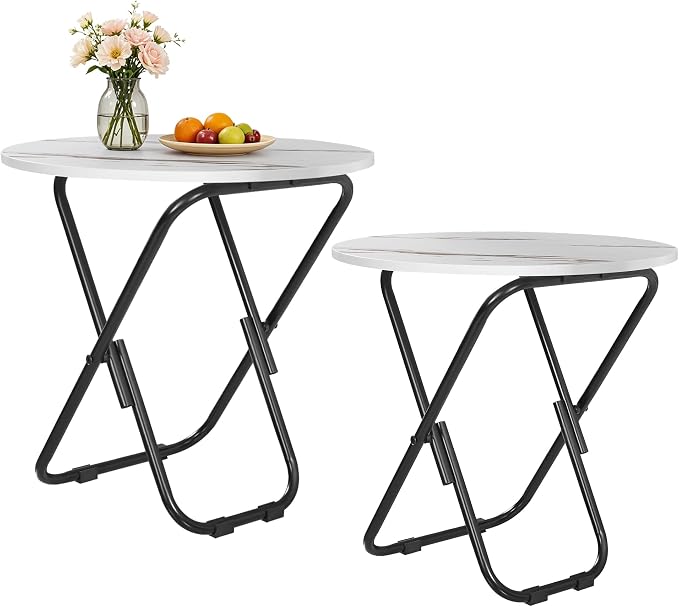 VECELO Patio Outdoor Side Table Set of 2,17.7 inch Small Folding Table Round Waterproof Wood Table,Foldable Anti-Rust Metal Legs Snack Desk for Garden Balcony,Yard,Living Room