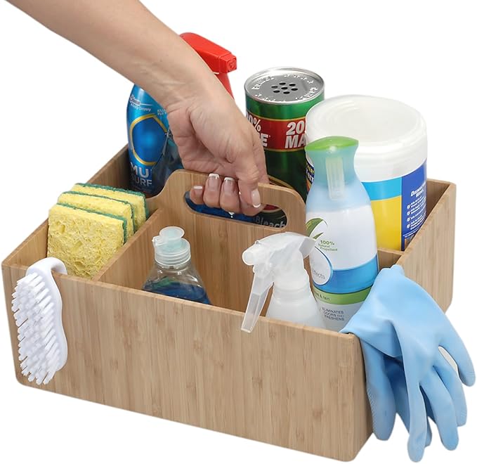 MobileVision Bamboo Multi-Purpose Caddy with Handle, 3 Sections, Sturdy Durable Carrier for Cleaning Supplies, Spray Bottles, Towels, Sponges and more