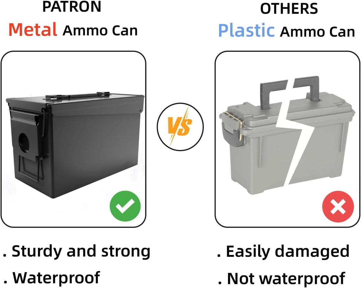 PATRON Metal Ammo Can - Waterproof Storage Box for 30 & 50 Caliber Rifle Ammunition | Black or Green