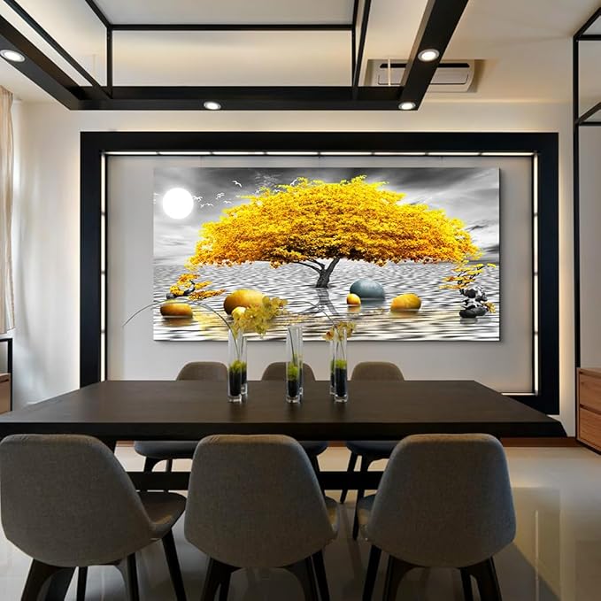 Wapluam Farmhouse Canvas Wall Art For Living Room Large Wall Decor Art For Office Black And White Wall Painting Yellow Tree View Wall Pictures Framed Prints Artwork Bedroom Home Decoration 30"X60"