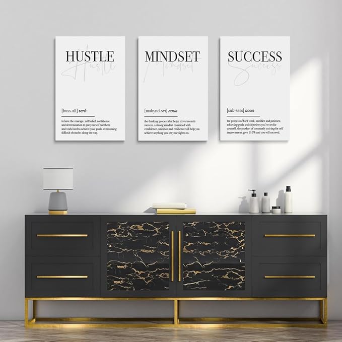 GUBIYU Black and White Hustle Motivational Wall Art Frame Canvas Success Wall