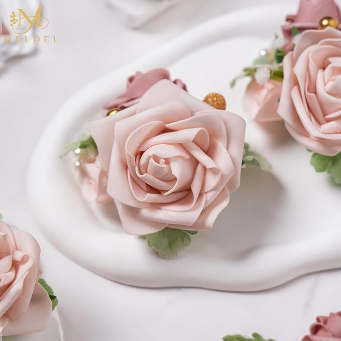 Meldel Dusty Pink Wrist Corsage,Set of 6, Homecoming Wrist Flower Girl/Mother Corsages Wristlet Perfect for Bride Bridesmaids Wedding Guests Hand Flower, Proms, Party, Ceremony Anniversary