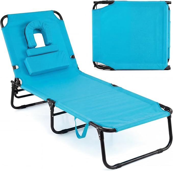 GYMAX Tanning Chair, 330lbs Beach Lounge Chair with Face Hole, Detachable Washable Pillow & Carry Strap, Adjustable Folding Chaise Lounge, Layout Chair for Outside, Patio, Poolside, Lawn (1, Arctic)