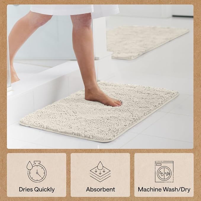 GORILLA GRIP Bath Rug Mat 48x17, Thick Soft Absorbent Chenille, Quick Dry Microfiber Mats, Rubber Backing Washable Shower Floor Rugs, Bathmat Runner, US Designed Bathroom Home Decor Accessories Ivory