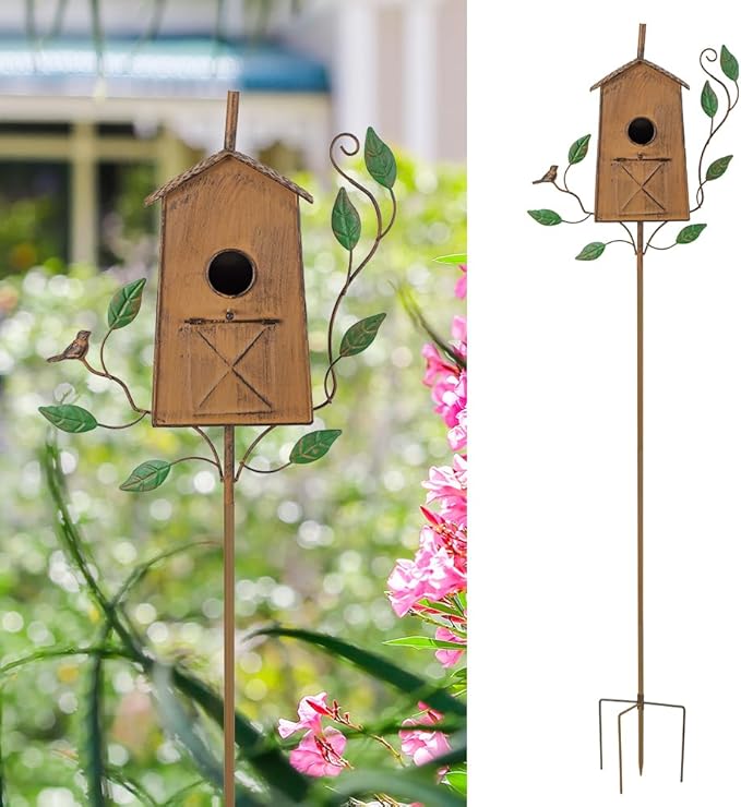 50" Bird Houses for Outside with Pole, Outdoor Metal Birdhouse for Patio, Yard, Garden, Brown