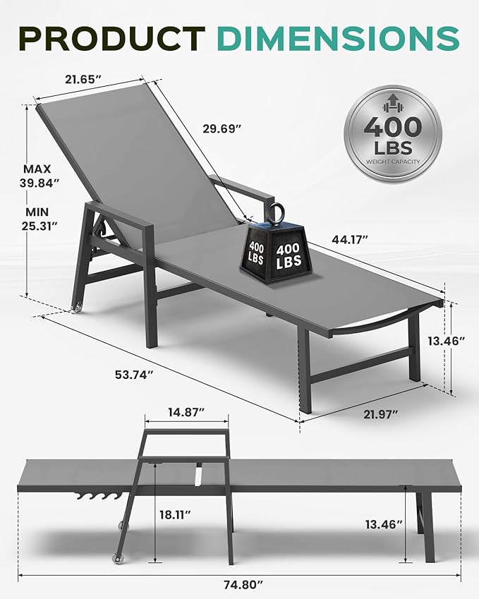 Patio Chaise Lounge Chair Outdoor with Wheels&Armrests, Aluminum Pool Lounge Chairs Five-Position Adjustable Recliner with Side Table, Outdoor Beach Lounge Chairs for Outside, Deck, Yard, Dark Gray
