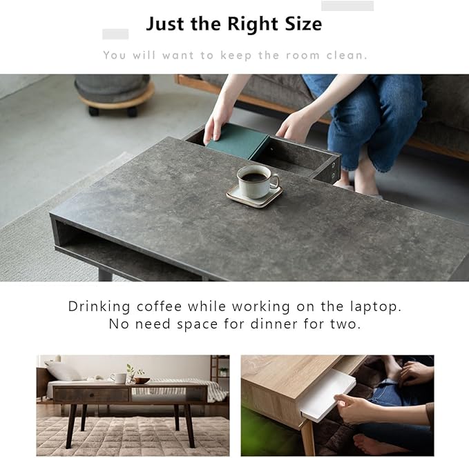 EMOOR Wood Coffee Table with Storage Rectangle Stone Gray, Floor Sitting Low Table Small Space Minimalist Japanese Tatami Room