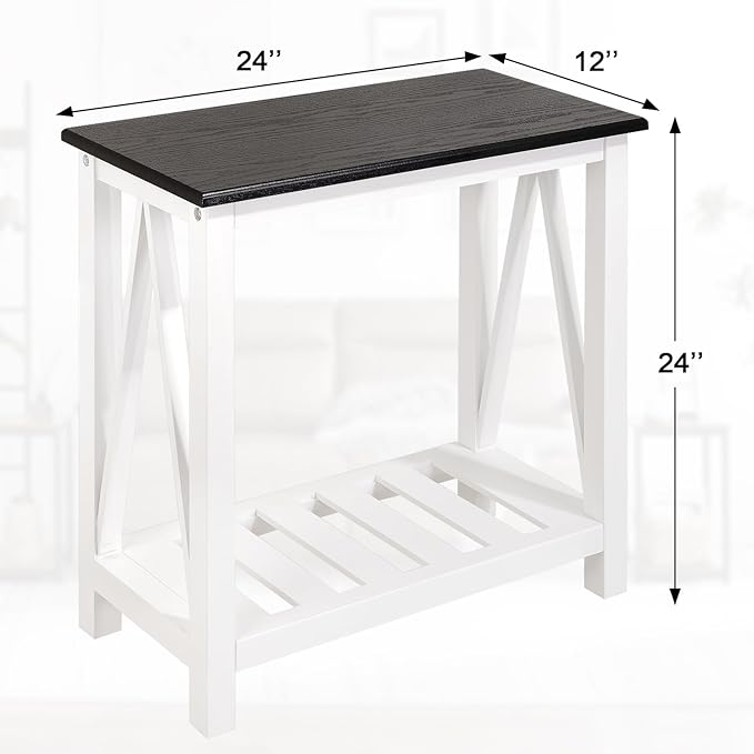 Farmhouse End Side Table Wood Frame Narrow Side Table with Shelves Black White Rectangular Night Stand Sofa Table for Couch, Small Spaces, Living Room, Bedroom