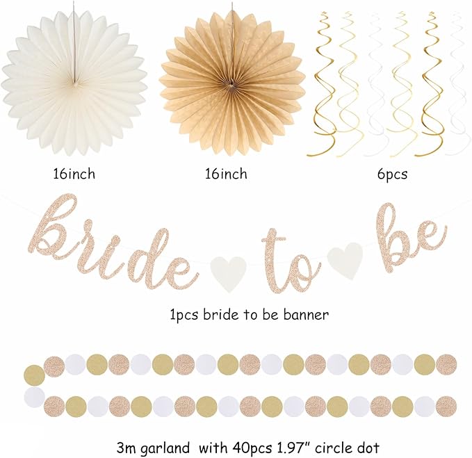 Champagne-Gold Beige Fall Boho Bachelorette Party-Decorations - 21pcs Women Bridal Shower Banner Garland,Bride To Be Paper Streamers Lanterns,Flower Tissue Pom Poms Fan Favors Wedding Decor Huglony