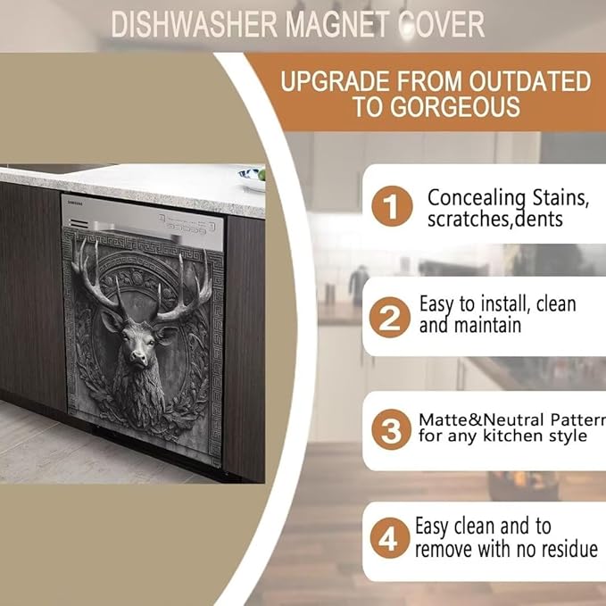 3D Deer Head Dishwasher Magnetic Full Door Sticker, Gray Stone Flower Carving Magnet Refrigerator Cover for Home Appliance, Animal Deer Vinyl Decal for Dishwasher (23" x 26" Magnetic)