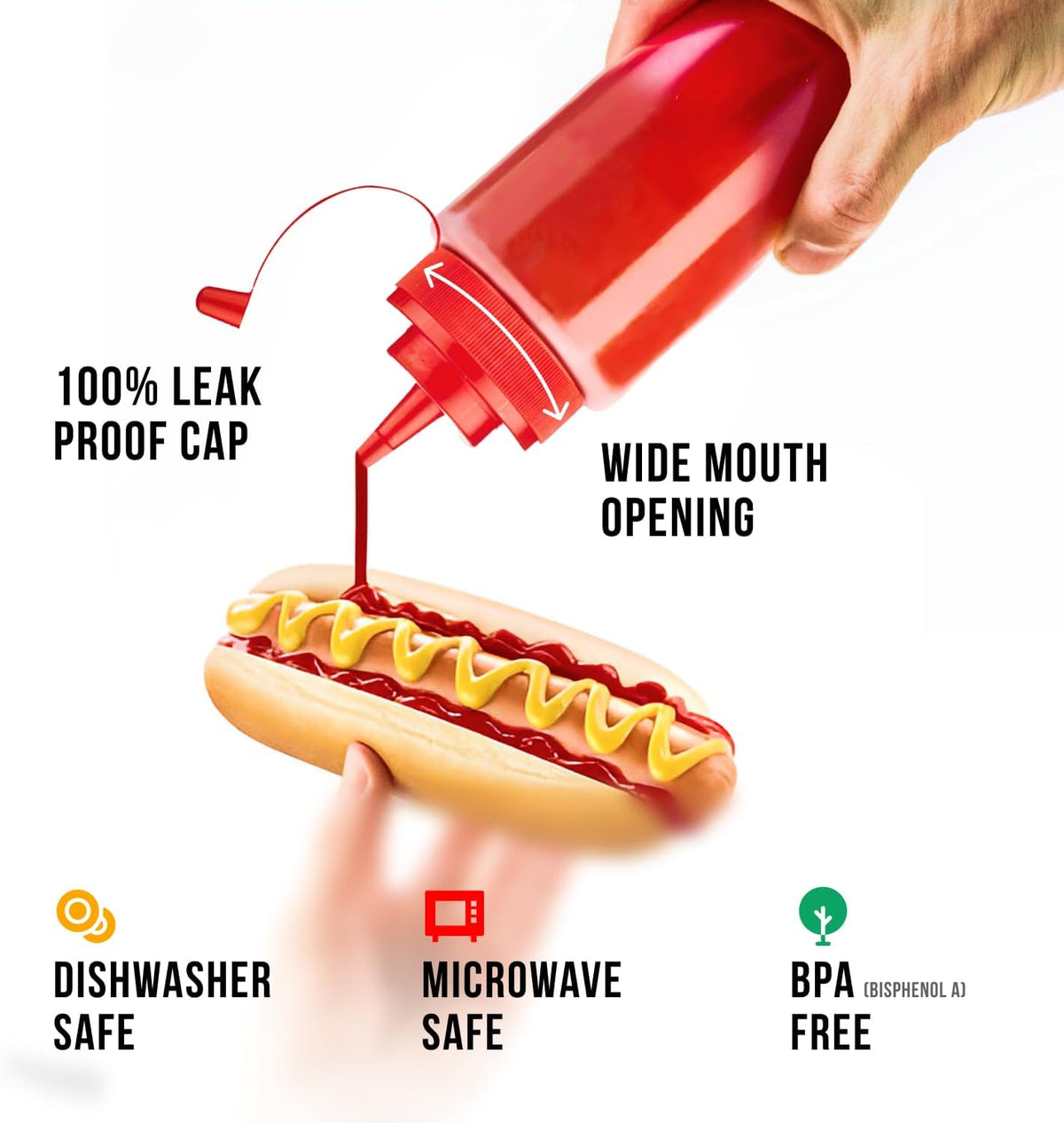 Norcalway 12 oz Condiment Squeeze Bottles for Sauces - Leak Proof - 6 Pack