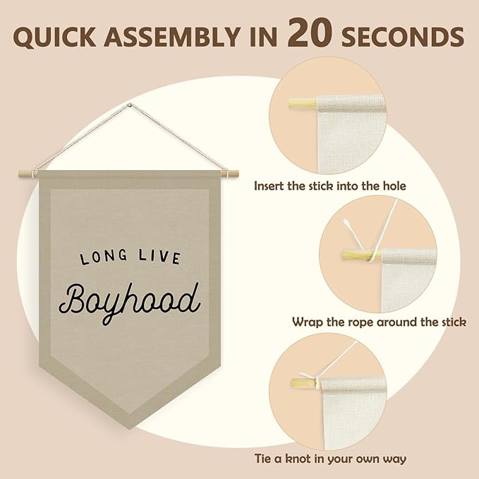 Boys Room Decor, Long Live Boyhood Linen Canvas Banner, Boy Nursery Wall Hanging Pennant Flag Banner for Boys Kids Toddler Room Bedroom Playroom Decor, 15x11in - Neutral