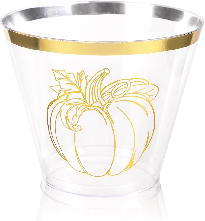 Ciaell 60 PCS Gold Plastic Cups - 9Oz Heavy Duty Plastic Cups - Thanksgiving Disposable Cup - Disposable Clear Wine Cup with Gold Pumpkin for Party & Thanksgiving