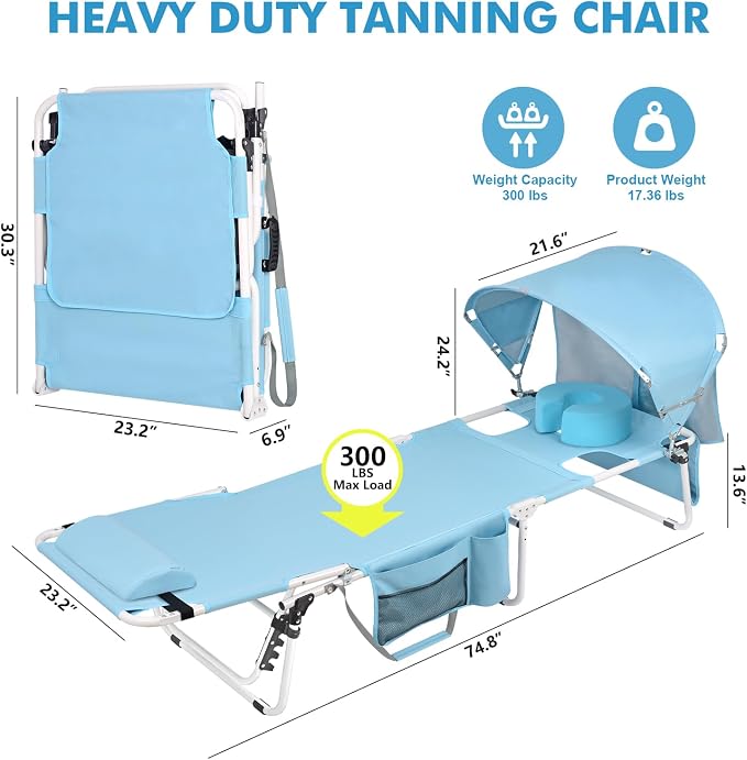 Tanning Chair with Sun Canopy Face Hole Softer Padded Adjustable Washable, Heavy Duty Layout Folding Lounge Chair for Adults Outside Beach Reading Sunbathing Poolside Lawn, UPF 50+ Sun Shade, 300 LBS