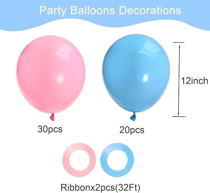 Pink and Blue Balloons, 50 Pcs 12 Inch Pink Blue Party Balloons With Pink Blue Latex Balloon Ribbon Pink blue Balloons for Birthday Baby Shower Gender Reveal Wedding Party Decoration
