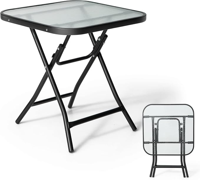 Giantex Folding Side Table, Square Small Patio Table, Tempered Glass Tabletop, Steel Frame, Weather-Resistant Outdoor Indoor Use for Bistro Porch Garden Balcony 18"x18"x18.5"
