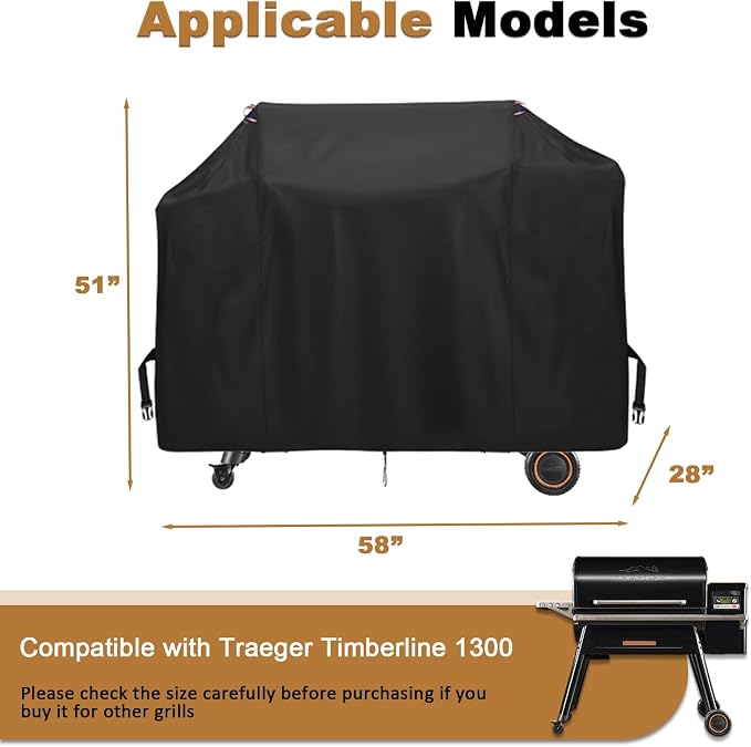Pellet Grill Cover for Traeger Timberline 1300 Pellet Smoker Grill, 600D Thickened Grill Covers Compatible with Traeger BAC360, Heavy Duty Waterproof BBQ Cover for Outdoor Grills