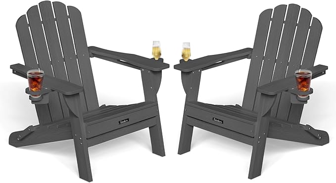 Folding Adirondack Chairs Set of 2,All-Weather HDPE Fire Pit Chair with 2 Cup Holders, Plastic Outdoor Chair for Patio Deck Garden Lawn, Dark Grey
