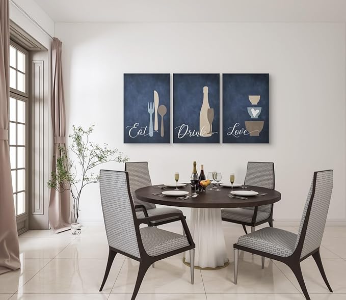 GUBIYU Premium Navy Blue Wall Art Set of 3, Large Dining Room Kitchen Signs