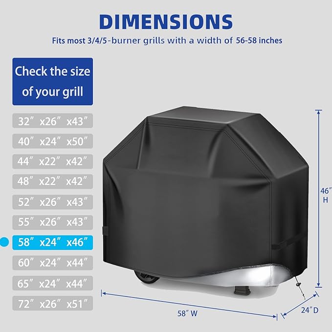 BBQ Gas Grill Cover for Outdoor, Anti-UV, Rip-Proof, 600D Oxford Fade Resistant Material, Barbecue Cover with Hook and Loop Straps & Adjustable Hem Drawstring (Black, 58”x24”x46”)