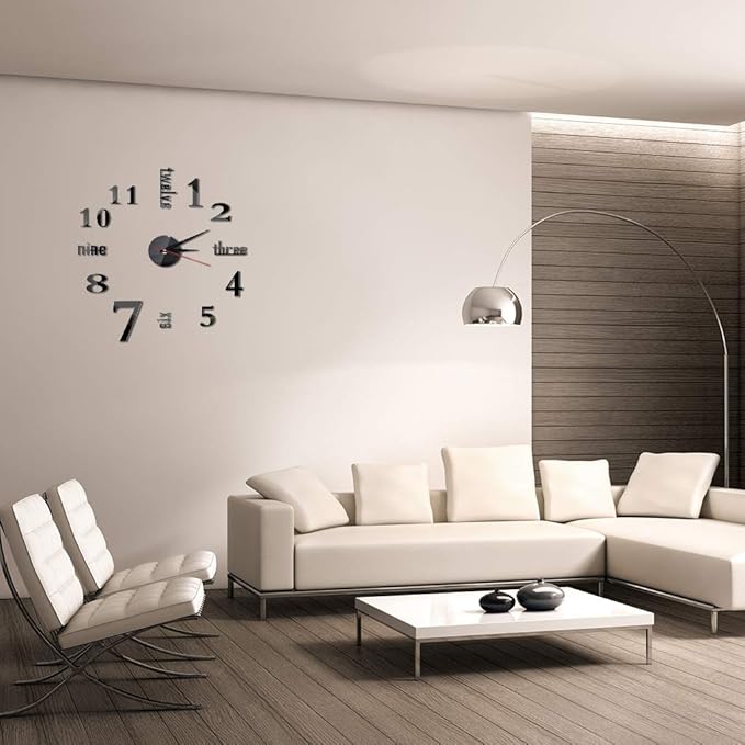 Hxezoc 10inch-20inch Frameless DIY Wall Clock Black 3D Mute Round Shape Quartz