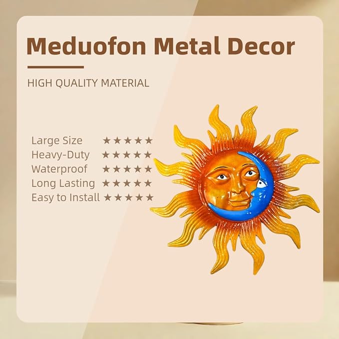 25.7'' Large Size Metal Sun Outdoor Wall Art Decor, Sun&Moon Outside Metal Art Rust Proof Wall Sculpture, Ideal for for Yard, Bedroom, Patio, Garden, Fence, Deck Pool Home and Farmhouse (Large sun)