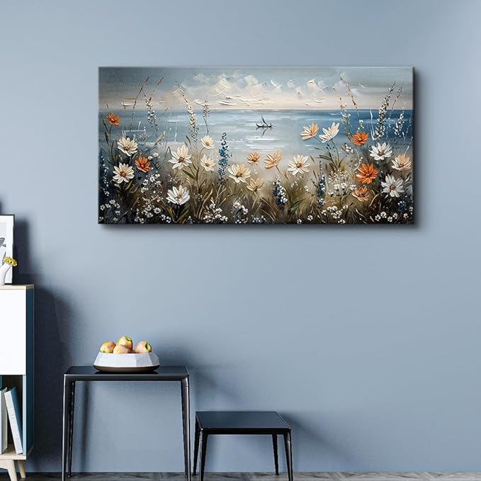 MHARTK66 Canvas Wall Art For Living Room Wall Decor For Bedroom Office Decoration Blue Ocean Paintings Flowers Landscape Wall Pictures Artwork Modern Aesthetic Room Home Decor Ready To Hang Posters