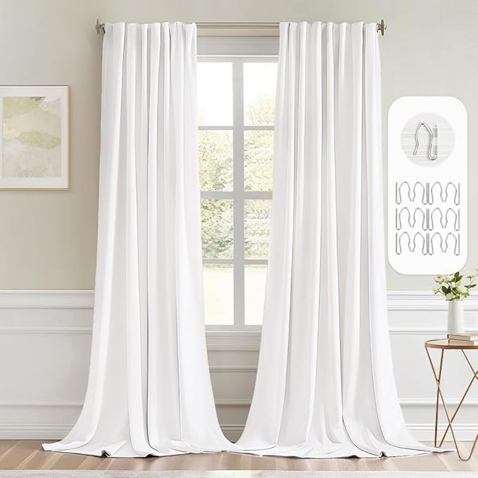 MIULEE Pure White Back Tab Blackout Curtain 96 Inch Long 2 Panels Set