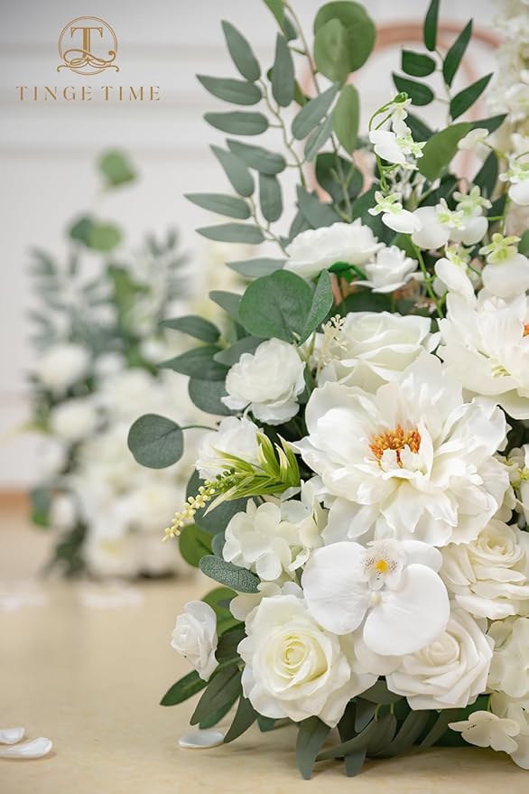 TINGE TIME Free-Standing Artificial Flower Set of 2, Table Centerpiece with Rubber Pad, Silk Fake Flower for Wedding Centerpiece Archway Aisle Welcome Entrance (IvoryWhite)