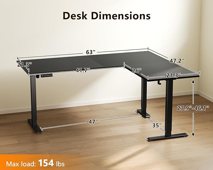 Casaottima 63 Inch Reversible L Shaped Electric Standing Desk, Ergonomic Height Adjustable Desk, Large Lift Corner Stand up Table for Workstation, Home Office, Reception Room, Black