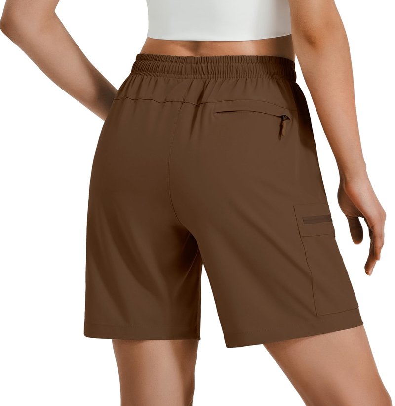 Hugut Women's Lightweight Hiking Cargo Shorts Quick Dry Athletic Shorts Camping Travel Golf Zipper Pockets Water Resistant Brown