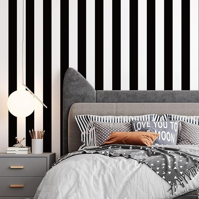 Jeweluck Black and White Wallpaper Peel and Stick Wall Paper 17.7”x118.1” Black