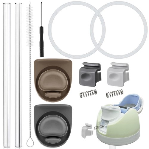 Replacement Parts Set for Owala FreeSip 24/25/32oz & Flip 32oz Includes 2Pcs Silicone Seal Ring, 2Pcs Top Cap Stoppers, 2Pcs Push Button Switch, 2Pcs Reuseable Drinking Straws, 1Pcs Cleaner Brush.