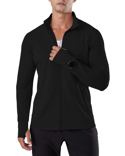 Locachy Men's Lightweight Quick Dry Athletic Jacket Full Zip Stand Collar Running Workout Performance Shirt Black L