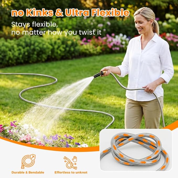 Rosy Earth Metal Garden Hose 175 FT - 304 Stainless Steel Water Hose 175 FT - Expandable Short Flexible Garden Hose,no Kink Explosion, no Bite
