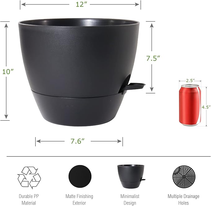 UOUZ 12inch 2Pack Large Self Watering Planters, Plastic Plant Pots with 60oZ Removable Deep Reservoir and Multi Mesh Drainage Holes for Indoor Outdoor Garden Plants and Flowers, Black